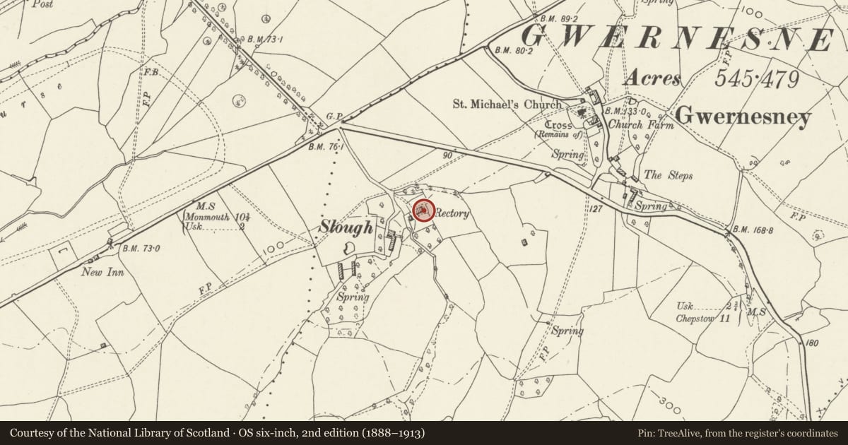 Ordnance Survey six-inch map, 2nd edition (1888–1913) covering the location of The Rectory, Llantrisant Fawr, Monmouthshire, with a pin at the register's coordinates