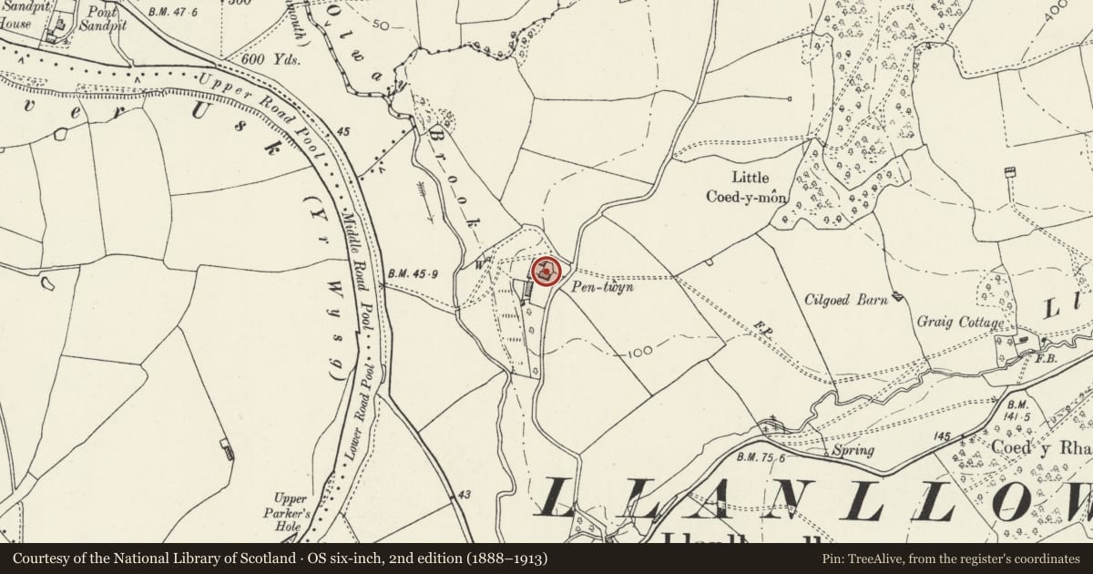 Ordnance Survey six-inch map, 2nd edition (1888–1913) covering the location of Barn at Pentwyn, Llantrisant Fawr, Monmouthshire, with a pin at the register's coordinates