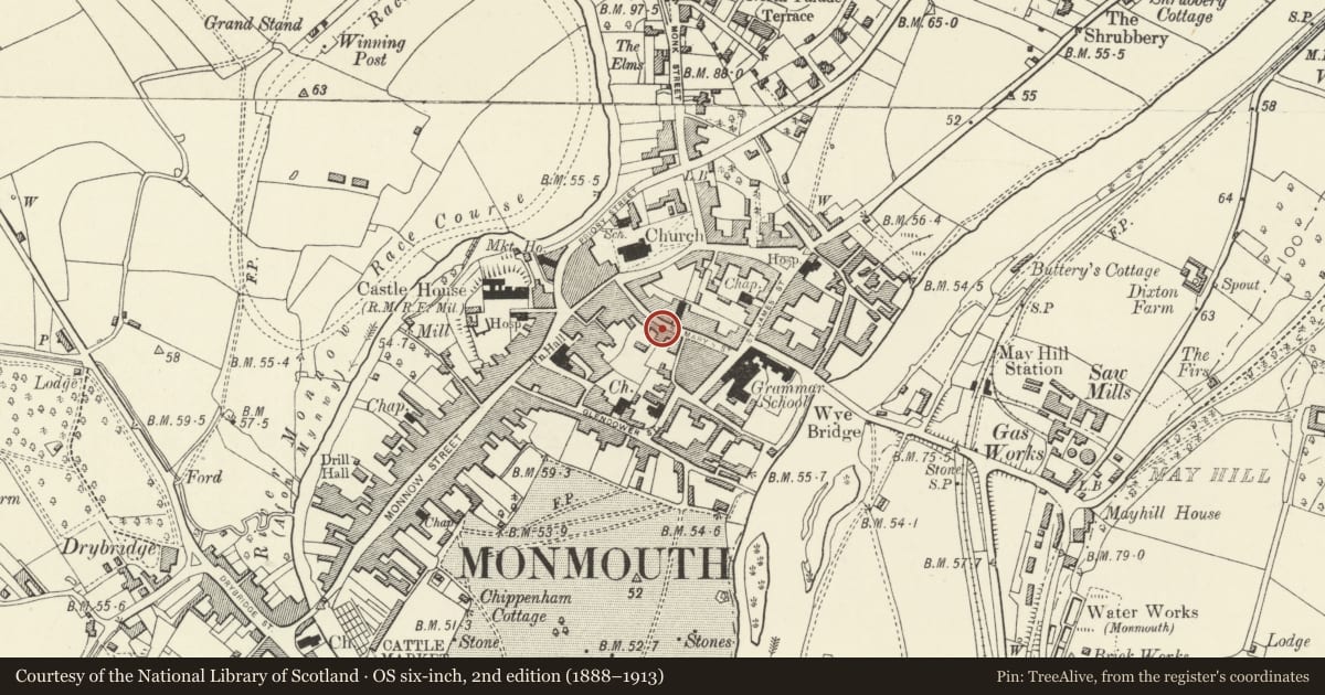 Ordnance Survey six-inch map, 2nd edition (1888–1913) covering the location of House including attached railings, Monmouth, Monmouthshire, with a pin at the register's coordinates