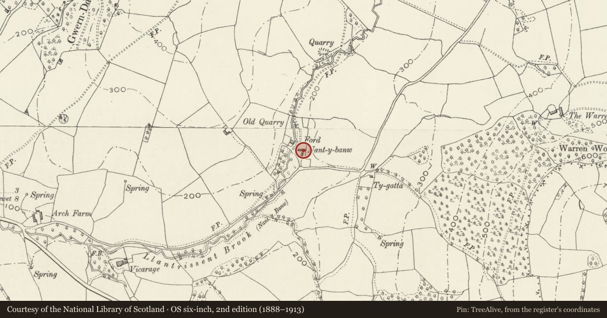 Ordnance Survey six-inch map, 2nd edition (1888–1913) covering the location of Barn range at Nantybanw, Llantrisant Fawr, Monmouthshire, with a pin at the register's coordinates