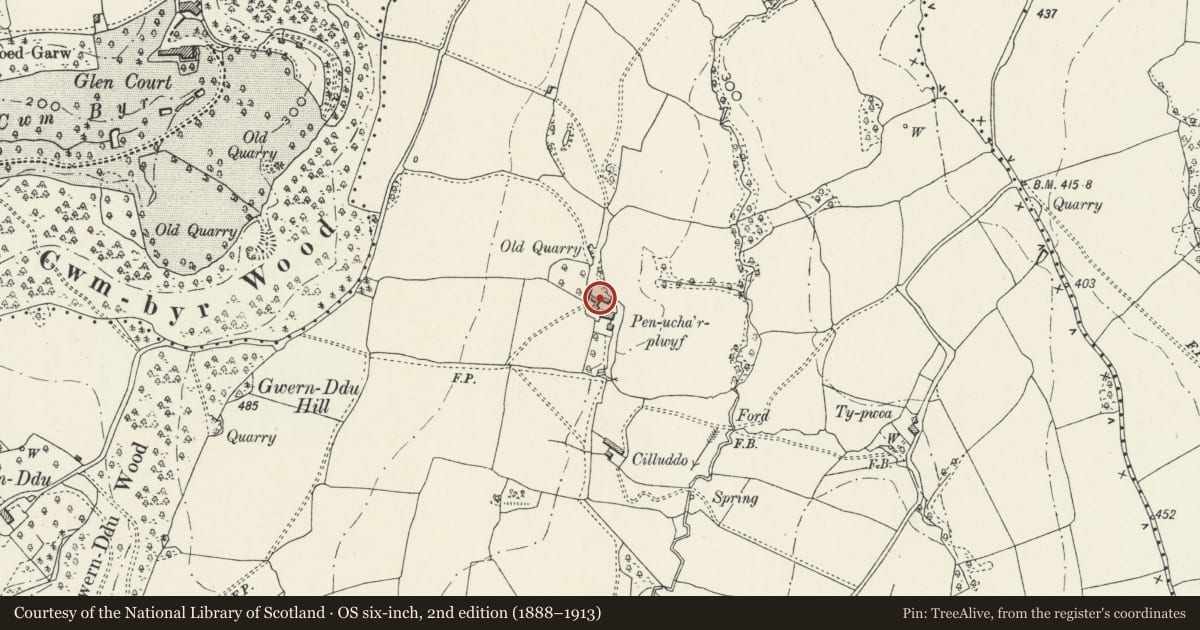 Ordnance Survey six-inch map, 2nd edition (1888–1913) covering the location of Barn at Pen-ucha'r-plwyf, Llantrisant Fawr, Monmouthshire, with a pin at the register's coordinates