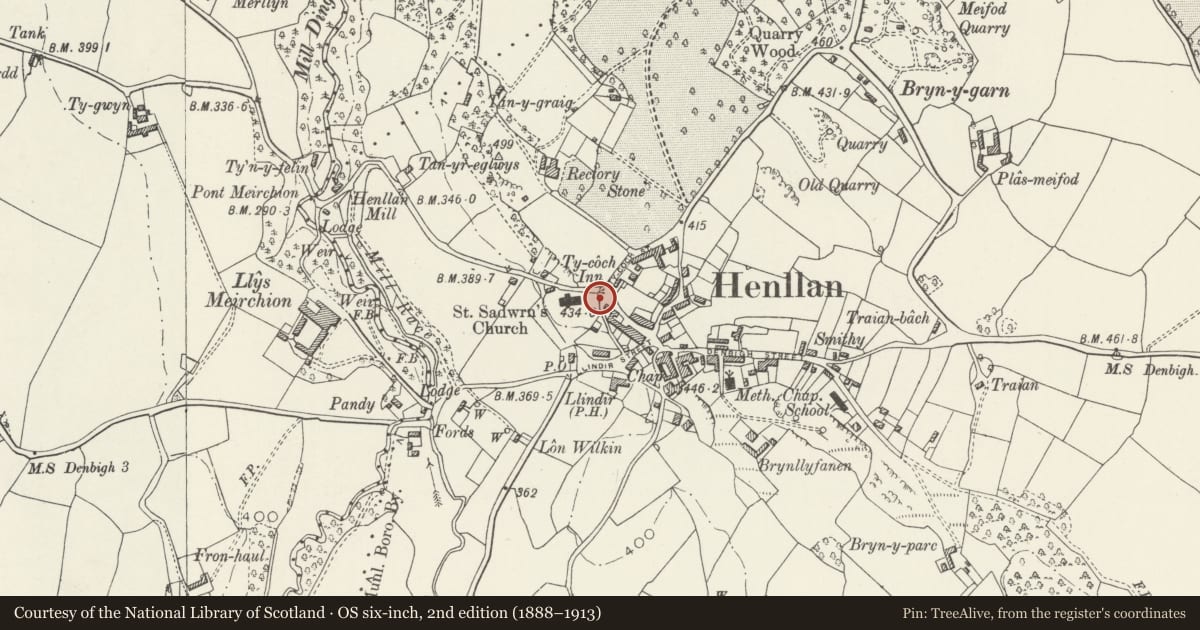 Ordnance Survey six-inch map, 2nd edition (1888–1913) covering the location of Churchyard Walls and Lychgate at the Church of St Sadwrn, Henllan, Denbighshire, with a pin at the register's coordinates