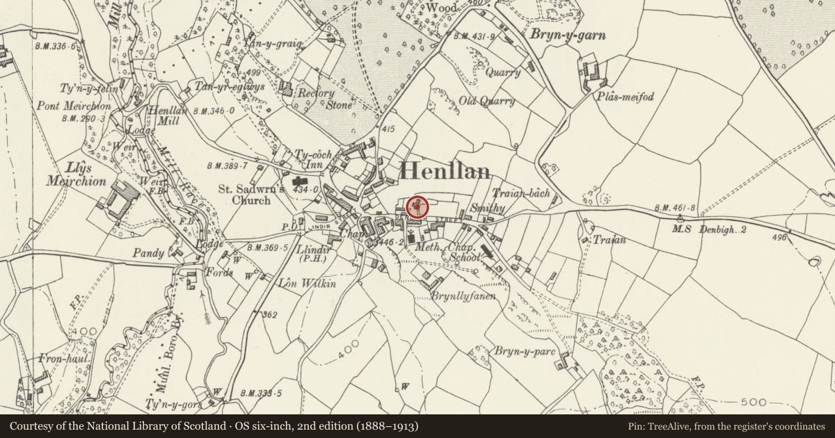 Ordnance Survey six-inch map, 2nd edition (1888–1913) covering the location of Bryn Tirion, Henllan, Denbighshire, with a pin at the register's coordinates