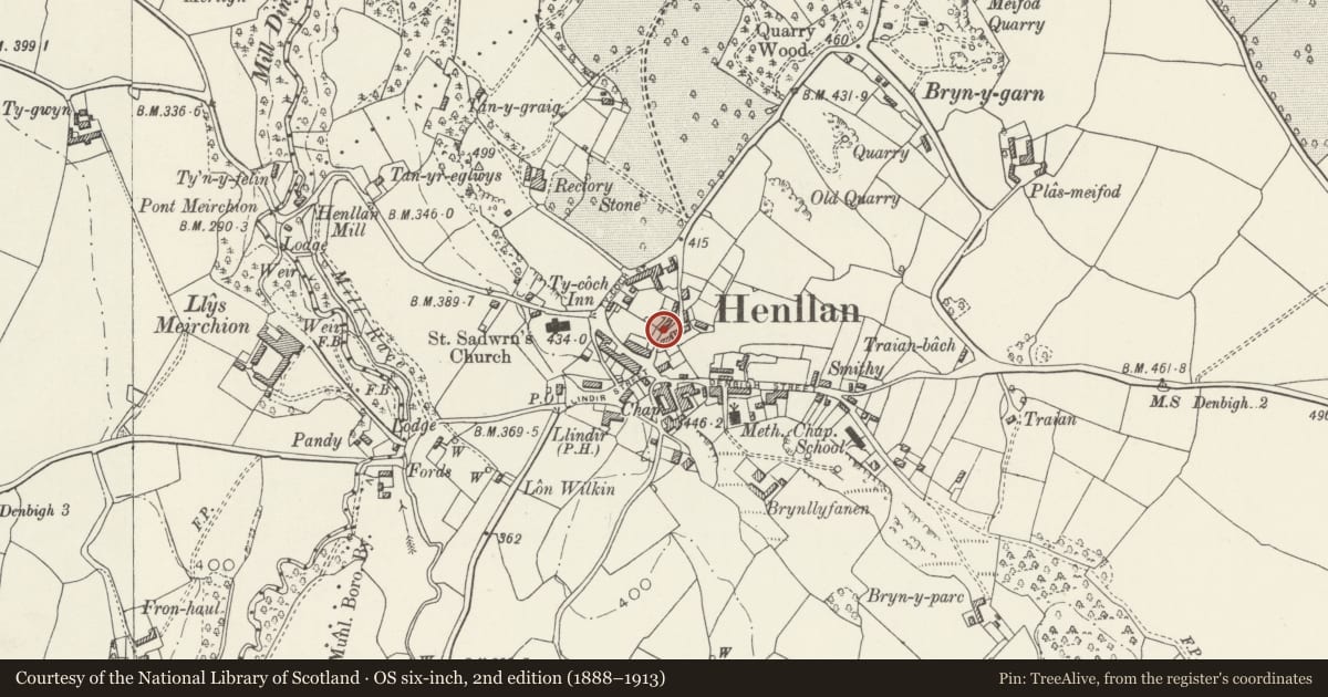 Ordnance Survey six-inch map, 2nd edition (1888–1913) covering the location of 3 School Street, Henllan, Denbighshire, with a pin at the register's coordinates