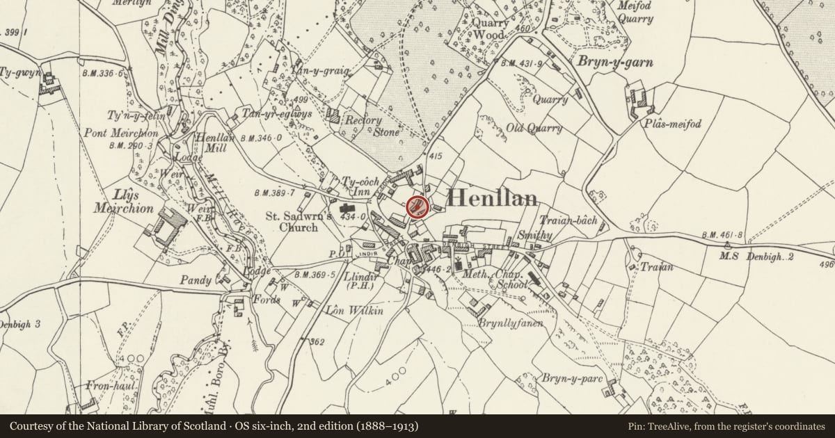 Ordnance Survey six-inch map, 2nd edition (1888–1913) covering the location of 7 School Street, Henllan, Denbighshire, with a pin at the register's coordinates