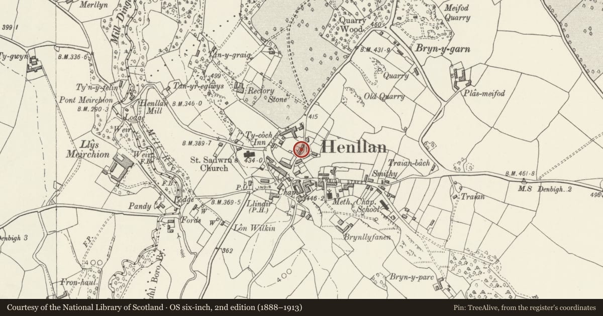 Ordnance Survey six-inch map, 2nd edition (1888–1913) covering the location of 13 School Street, Henllan, Denbighshire, with a pin at the register's coordinates