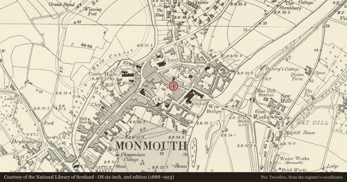 Ordnance Survey six-inch map, 2nd edition (1888–1913) covering the location of 25 St. Mary's Street, Monmouth, Monmouthshire, with a pin at the register's coordinates