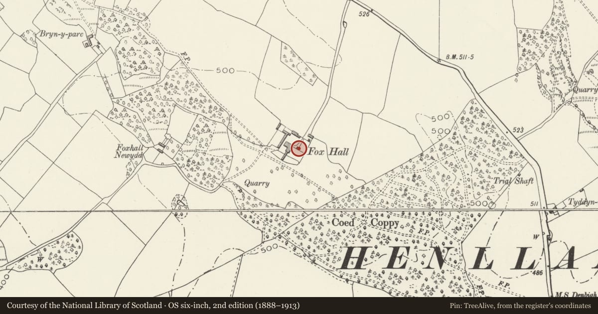 Ordnance Survey six-inch map, 2nd edition (1888–1913) covering the location of Brewhouse at Foxhall, Henllan, Denbighshire, with a pin at the register's coordinates