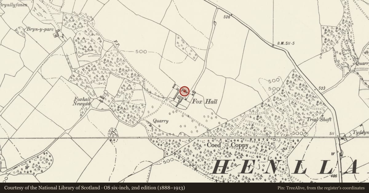 Ordnance Survey six-inch map, 2nd edition (1888–1913) covering the location of Carthouse and Stable Range at Foxhall, Henllan, Denbighshire, with a pin at the register's coordinates