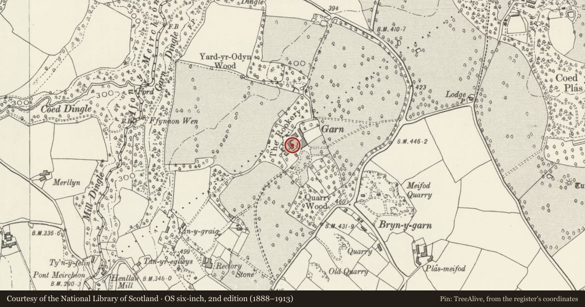 Ordnance Survey six-inch map, 2nd edition (1888–1913) covering the location of Agricultural Complex at Garn, Henllan, Denbighshire, with a pin at the register's coordinates