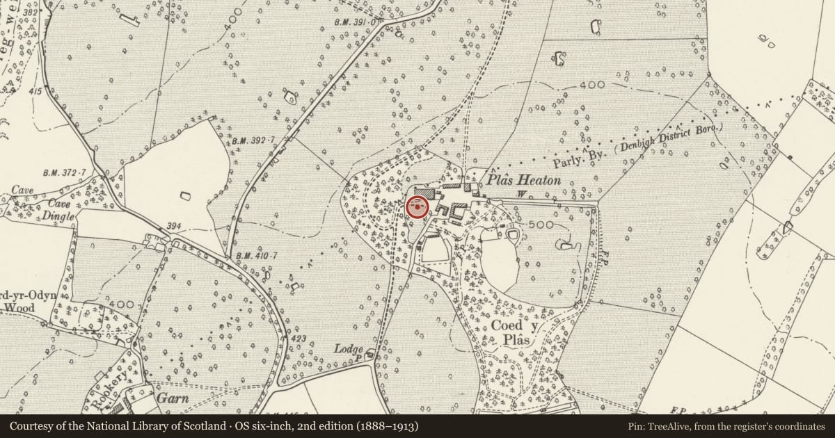 Ordnance Survey six-inch map, 2nd edition (1888–1913) covering the location of Sundial at Plas Heaton, Henllan, Denbighshire, with a pin at the register's coordinates