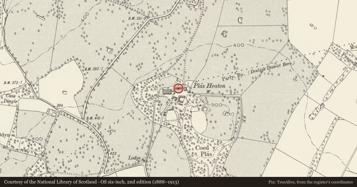 Ordnance Survey six-inch map, 2nd edition (1888–1913) covering the location of Carthouse Range at Plas Heaton (with incorporated flat to first floor), Henllan, Denbighshire, with a pin at the register's coordinates