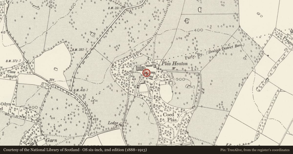Ordnance Survey six-inch map, 2nd edition (1888–1913) covering the location of Stable and Carthouse Range at Plas Heaton, Henllan, Denbighshire, with a pin at the register's coordinates