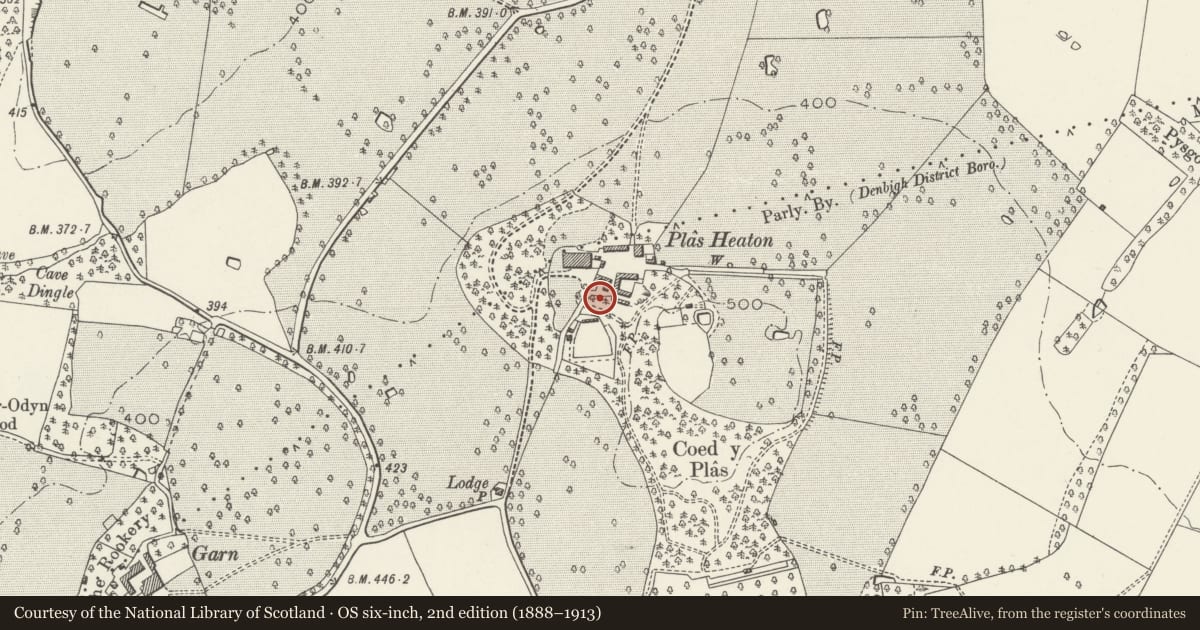 Ordnance Survey six-inch map, 2nd edition (1888–1913) covering the location of Ice House at Plas Heaton, Henllan, Denbighshire, with a pin at the register's coordinates