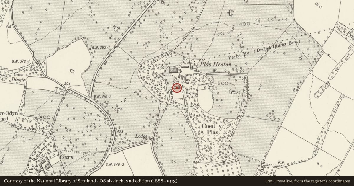 Ordnance Survey six-inch map, 2nd edition (1888–1913) covering the location of Kitchen Garden Walls including associated Lean-to Sheds and adjoining Melon House at Plas Heaton, Henllan, Denbighshire, with a pin at the register's coordinates