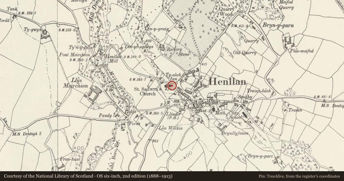 Ordnance Survey six-inch map, 2nd edition (1888–1913) covering the location of Group of Three Chest Tombs at the Church of St Sadwrn, Henllan, Denbighshire, with a pin at the register's coordinates