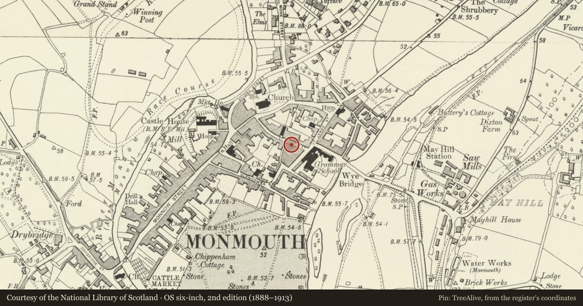 Ordnance Survey six-inch map, 2nd edition (1888–1913) covering the location of House including attached railings, Monmouth, Monmouthshire, with a pin at the register's coordinates