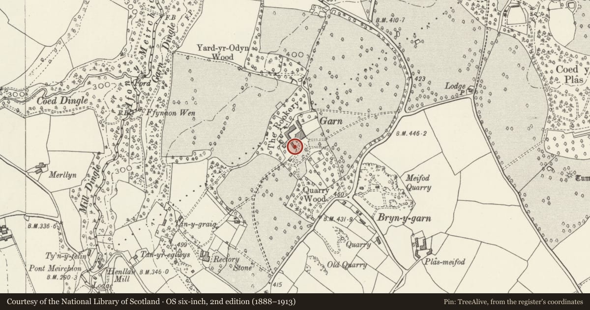 Ordnance Survey six-inch map, 2nd edition (1888–1913) covering the location of Screen Walls and Lean-to Outbuildings adjoining Garn, Henllan, Denbighshire, with a pin at the register's coordinates
