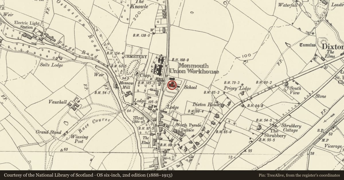 Ordnance Survey six-inch map, 2nd edition (1888–1913) covering the location of Main Building (North & South) at Haberdashers' Monmouth School for Girls, Monmouthshire, with a pin at the register's coordinates