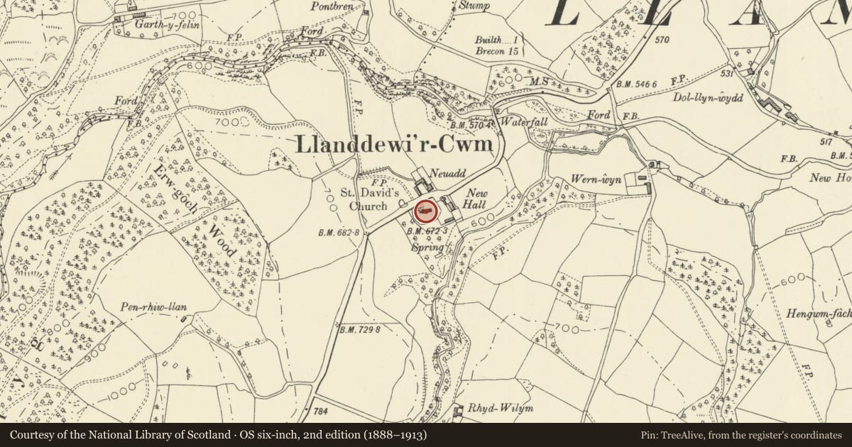 Ordnance Survey six-inch map, 2nd edition (1888–1913) covering the location of Church of St David, Duhonw, Powys, with a pin at the register's coordinates