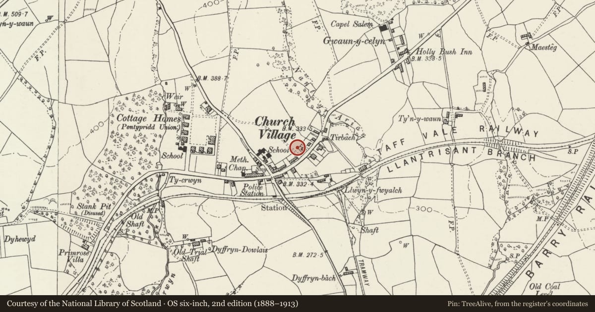 Ordnance Survey six-inch map, 2nd edition (1888–1913) covering the location of Parish Hall (also known as Carnegie Hall), Llantwit Fardre, Rhondda Cynon Taff, with a pin at the register's coordinates