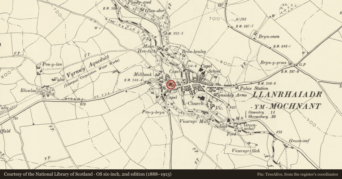 Ordnance Survey six-inch map, 2nd edition (1888–1913) covering the location of Capel Seion including Railings, Llanrhaeadr-ym-Mochnant, Powys, with a pin at the register's coordinates