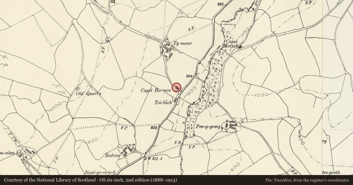 Ordnance Survey six-inch map, 2nd edition (1888–1913) covering the location of Capel Hermon, Llanrhaeadr-ym-Mochnant, Powys, with a pin at the register's coordinates