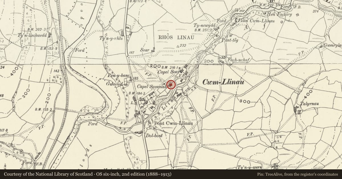 Ordnance Survey six-inch map, 2nd edition (1888–1913) covering the location of Capel Sammah with attached forecourt railings and Ty Capel, Glantwymyn, Powys, with a pin at the register's coordinates
