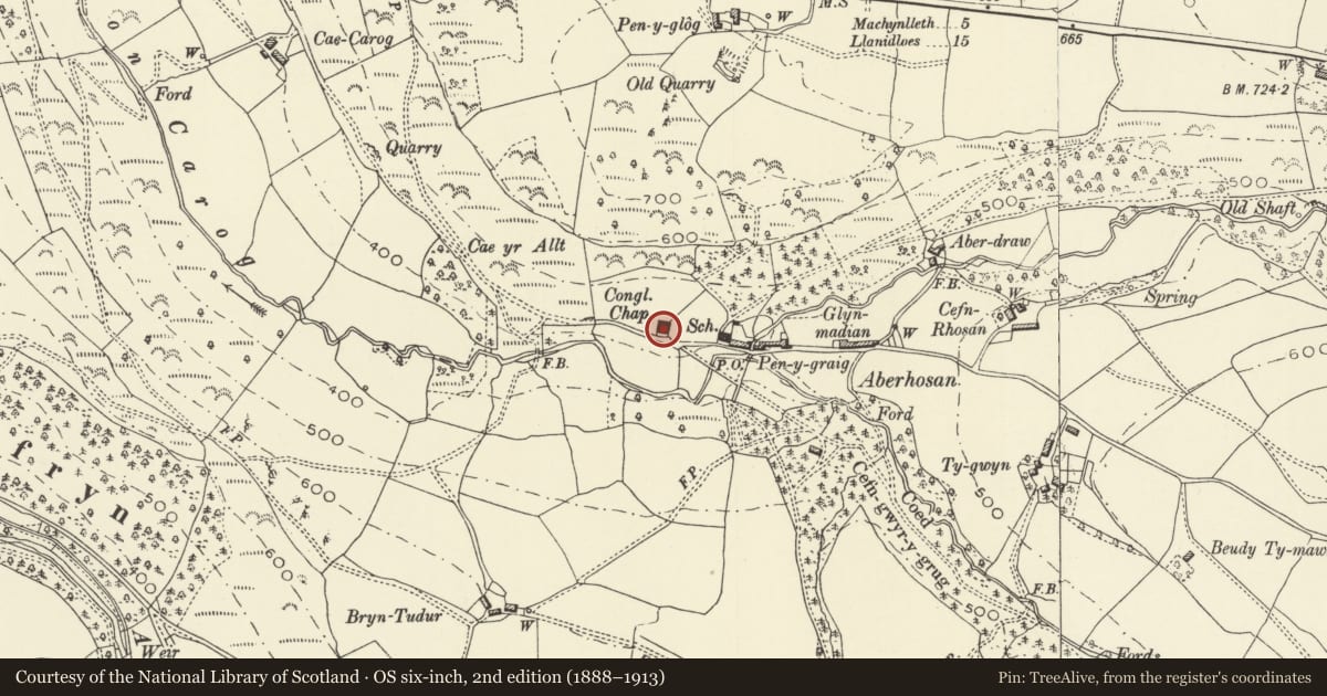 Ordnance Survey six-inch map, 2nd edition (1888–1913) covering the location of Aberhosan Independent Chapel, including forecourt walls and railings, Cadfarch, Powys, with a pin at the register's coordinates