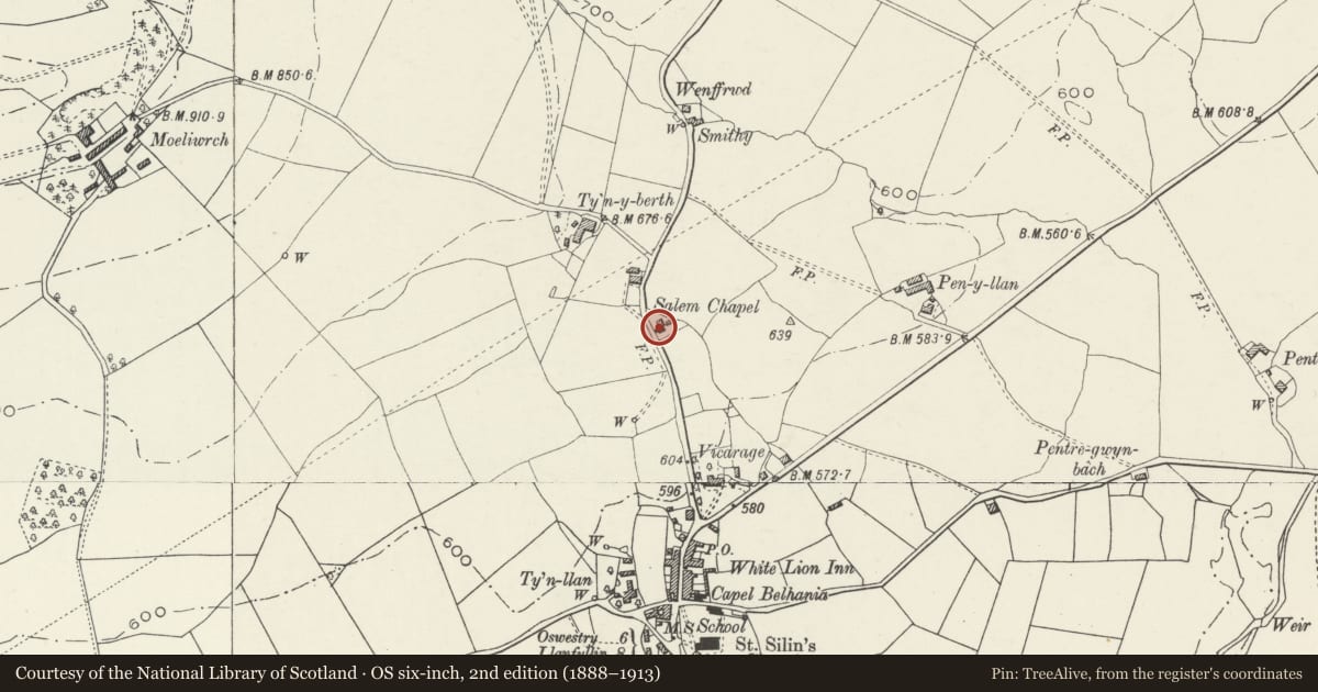 Ordnance Survey six-inch map, 2nd edition (1888–1913) covering the location of Capel Salem, Llansilin, Powys, with a pin at the register's coordinates