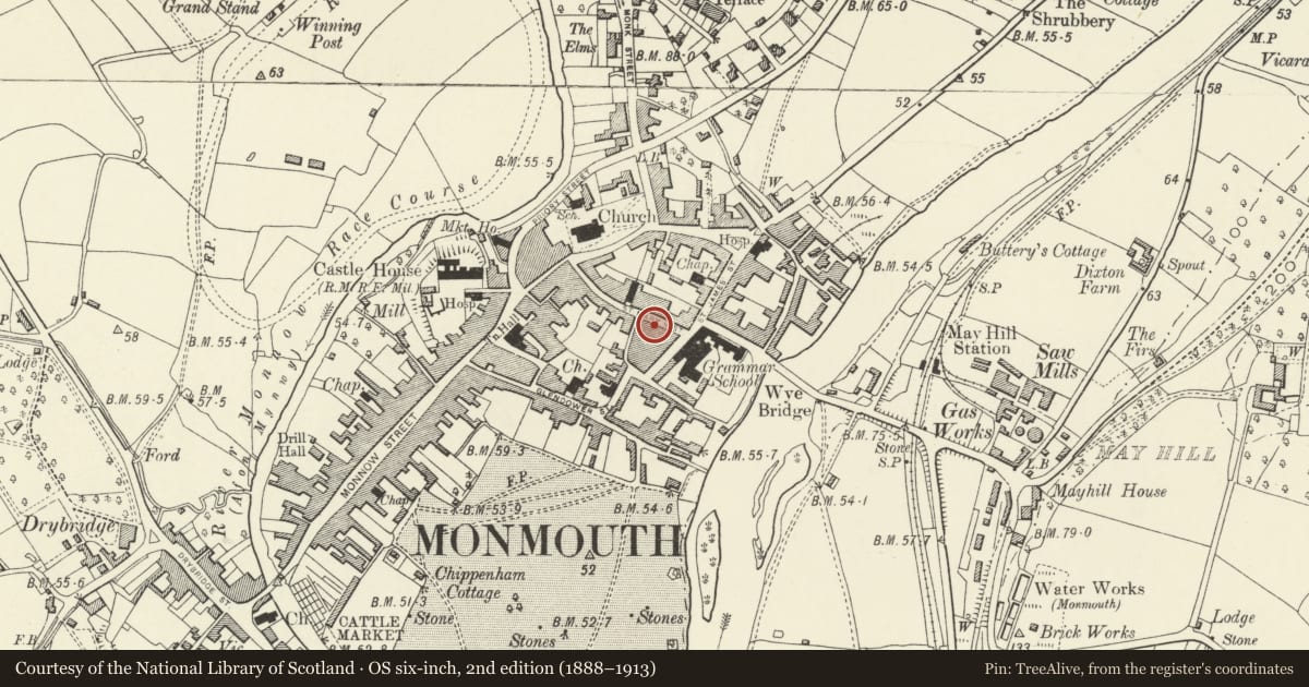 Ordnance Survey six-inch map, 2nd edition (1888–1913) covering the location of 37 St. Mary's Street, Monmouth, Monmouthshire, with a pin at the register's coordinates