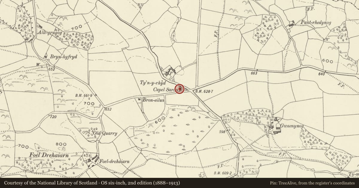 Ordnance Survey six-inch map, 2nd edition (1888–1913) covering the location of Capel Saron and attached Chapel House, Llanfihangel, Powys, with a pin at the register's coordinates