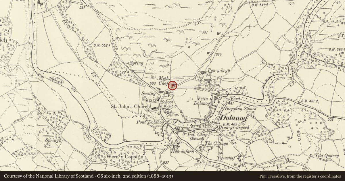 Ordnance Survey six-inch map, 2nd edition (1888–1913) covering the location of Ann Griffiths Memorial Chapel and Attached House (Dolwen), Llanfihangel, Powys, with a pin at the register's coordinates
