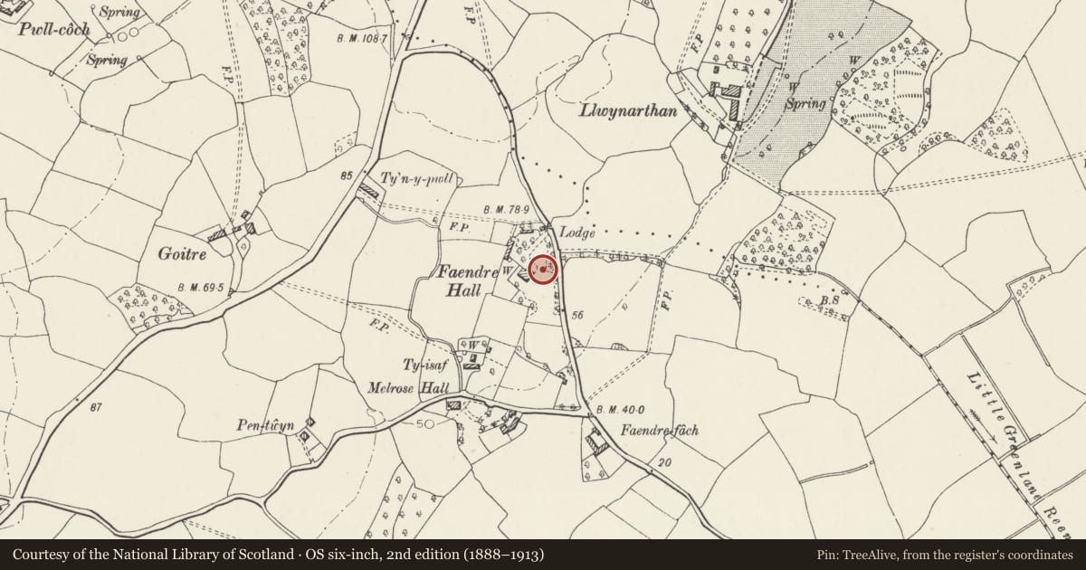 Ordnance Survey six-inch map, 2nd edition (1888–1913) covering the location of Circular garden seat at Faendre Hall, Trowbridge, Cardiff, with a pin at the register's coordinates