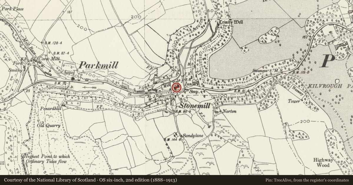 Ordnance Survey six-inch map, 2nd edition (1888–1913) covering the location of Former school including schoolmaster's house, Ilston, Swansea, with a pin at the register's coordinates