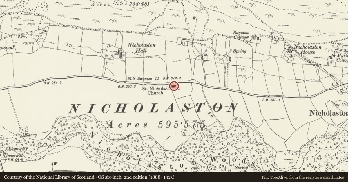 Ordnance Survey six-inch map, 2nd edition (1888–1913) covering the location of Church of St Nicholas, Ilston, Swansea, with a pin at the register's coordinates