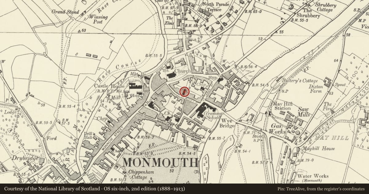 Ordnance Survey six-inch map, 2nd edition (1888–1913) covering the location of Catholic Church of St. Mary, Monmouth, Monmouthshire, with a pin at the register's coordinates