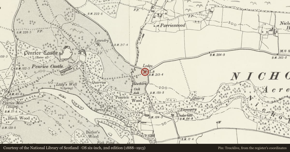 Ordnance Survey six-inch map, 2nd edition (1888–1913) covering the location of Penrice Castle North-East Gates, Railings and Piers, Ilston, Swansea, with a pin at the register's coordinates