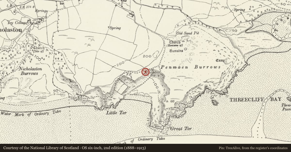 Ordnance Survey six-inch map, 2nd edition (1888–1913) covering the location of Lime Kiln, Ilston, Swansea, with a pin at the register's coordinates