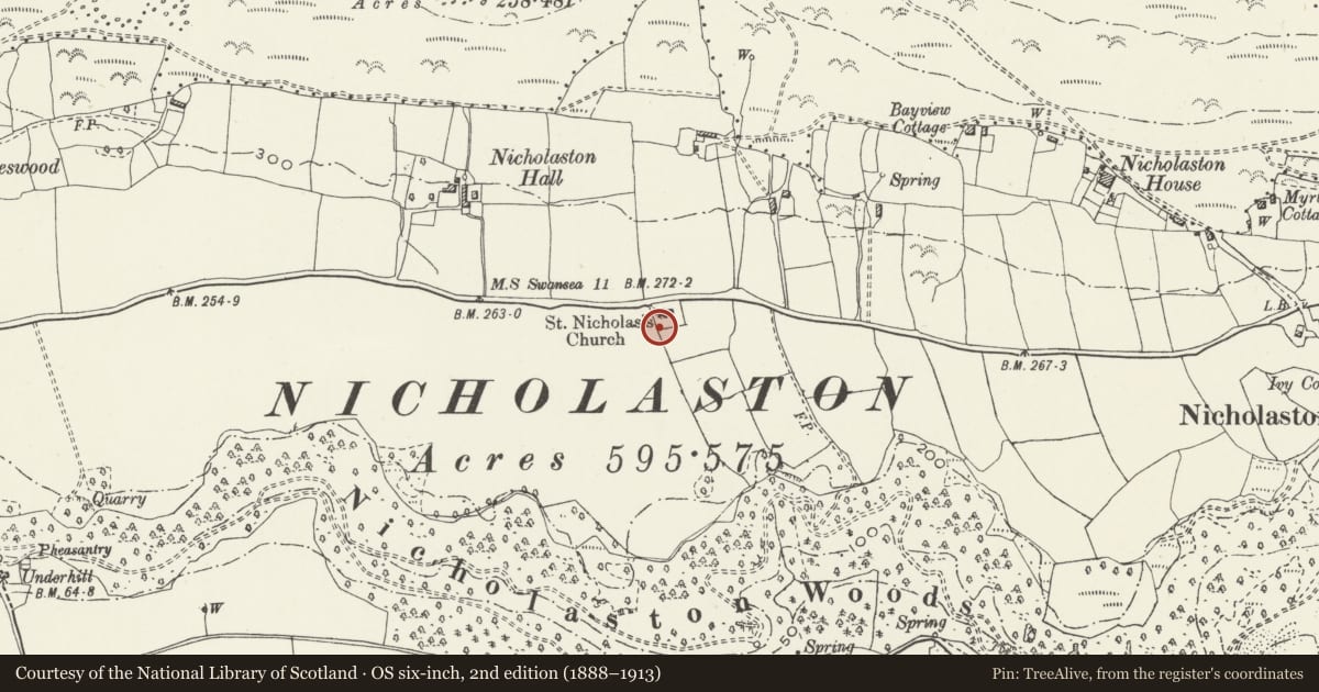 Ordnance Survey six-inch map, 2nd edition (1888–1913) covering the location of Preaching cross in St Nicholas' Churchyard, Ilston, Swansea, with a pin at the register's coordinates
