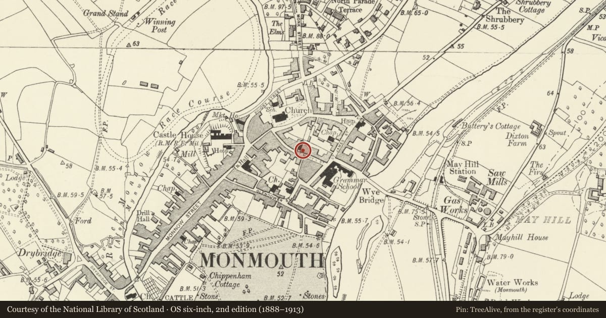 Ordnance Survey six-inch map, 2nd edition (1888–1913) covering the location of St. Mary's Presbytery, Monmouth, Monmouthshire, with a pin at the register's coordinates