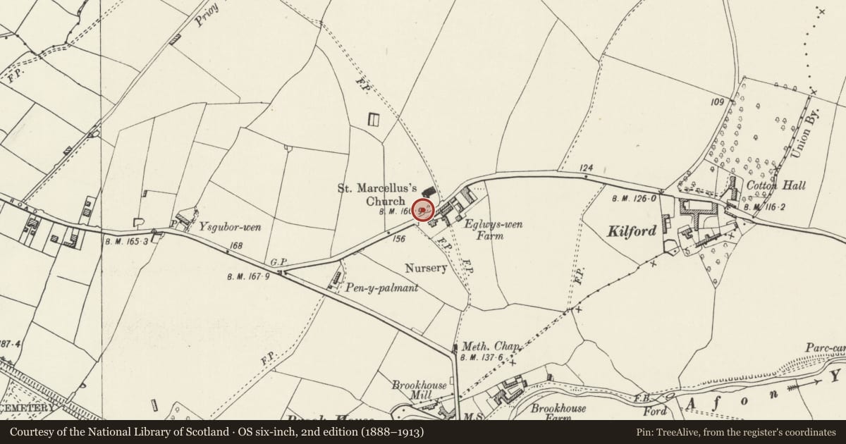 Ordnance Survey six-inch map, 2nd edition (1888–1913) covering the location of Lychgate and churchyard walls at the Church of St Marcella, Denbigh, Denbighshire, with a pin at the register's coordinates