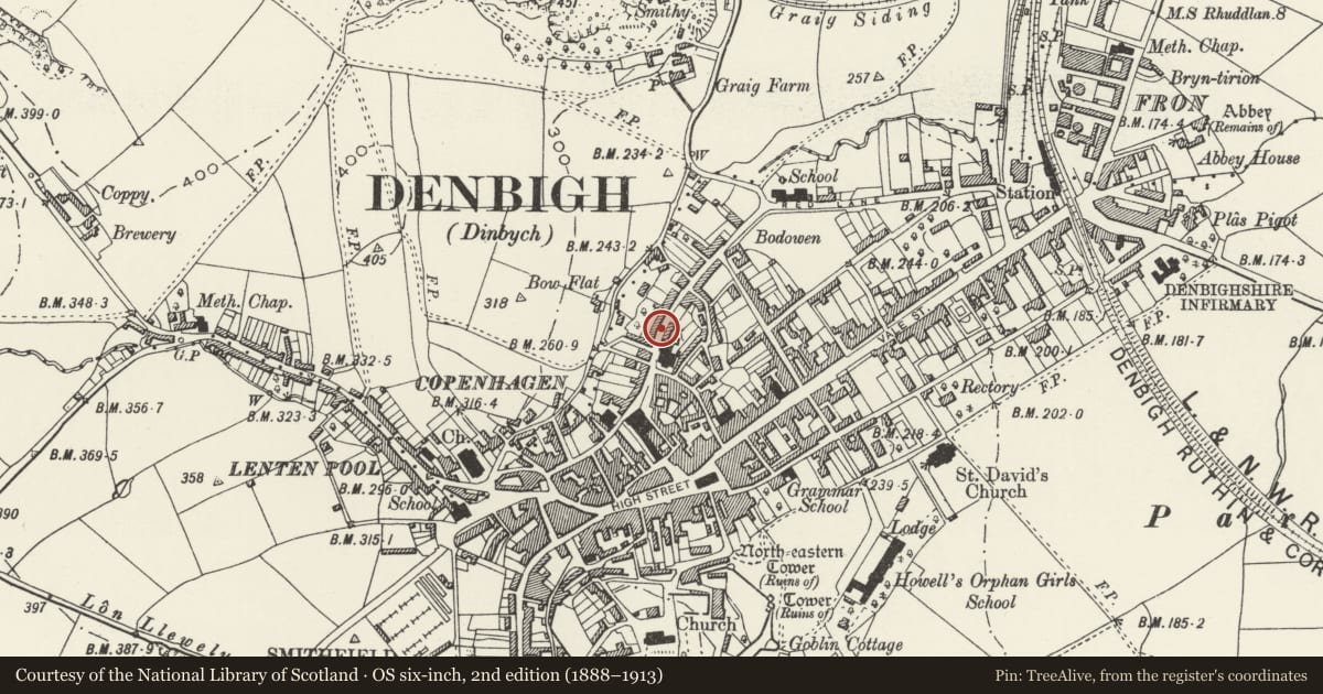 Ordnance Survey six-inch map, 2nd edition (1888–1913) covering the location of 19 Beacon's Hill, Denbigh, Denbighshire, with a pin at the register's coordinates