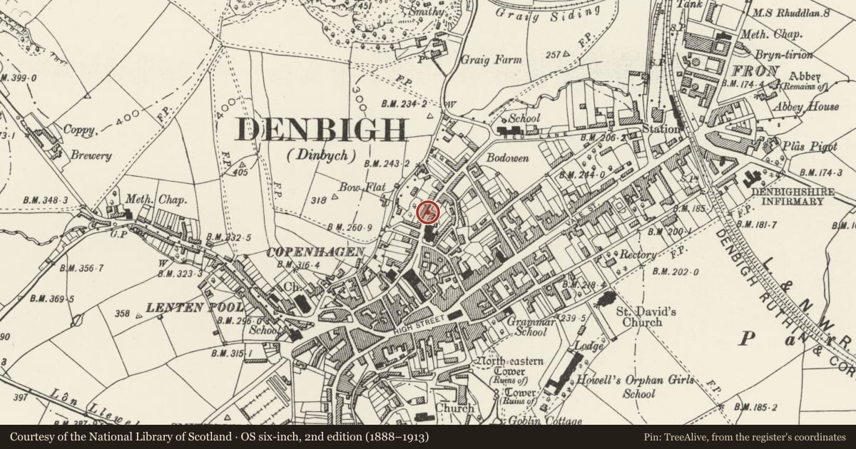 Ordnance Survey six-inch map, 2nd edition (1888–1913) covering the location of 23 Beacon's Hill, Denbigh, Denbighshire, with a pin at the register's coordinates