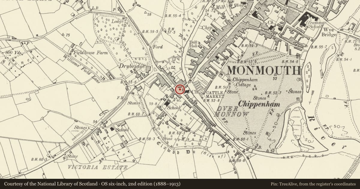 Ordnance Survey six-inch map, 2nd edition (1888–1913) covering the location of Overmonnow Cross, Monmouth, Monmouthshire, with a pin at the register's coordinates