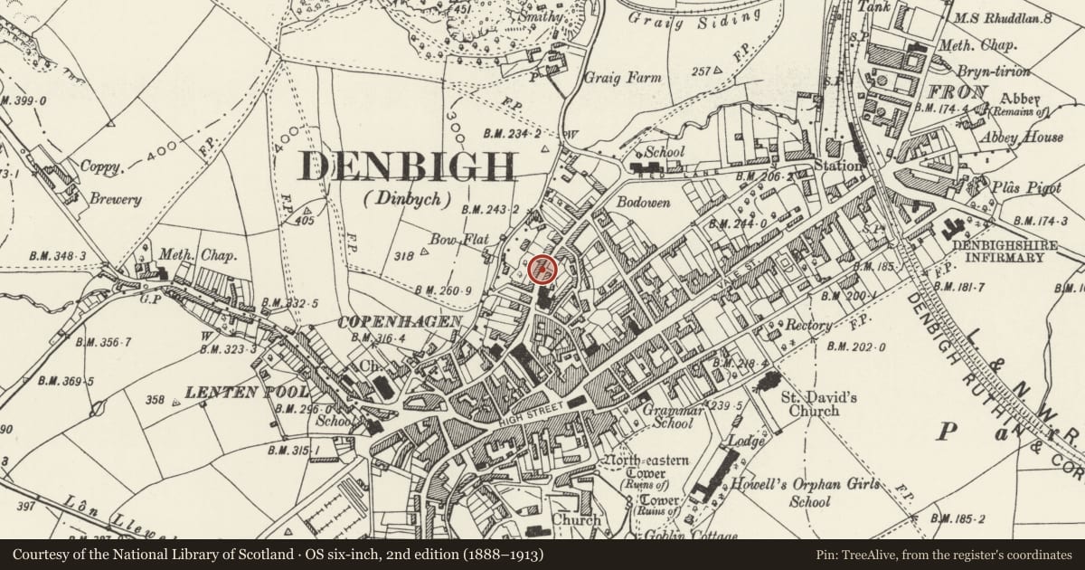 Ordnance Survey six-inch map, 2nd edition (1888–1913) covering the location of 25 Beacon's Hill, Denbigh, Denbighshire, with a pin at the register's coordinates