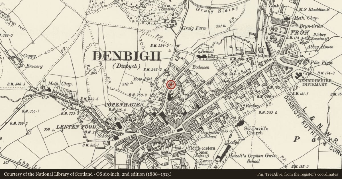 Ordnance Survey six-inch map, 2nd edition (1888–1913) covering the location of 33 Beacon's Hill, Denbigh, Denbighshire, with a pin at the register's coordinates