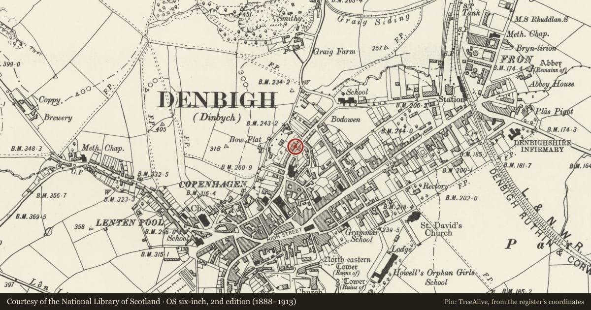 Ordnance Survey six-inch map, 2nd edition (1888–1913) covering the location of 37 Beacon's Hill, Denbigh, Denbighshire, with a pin at the register's coordinates