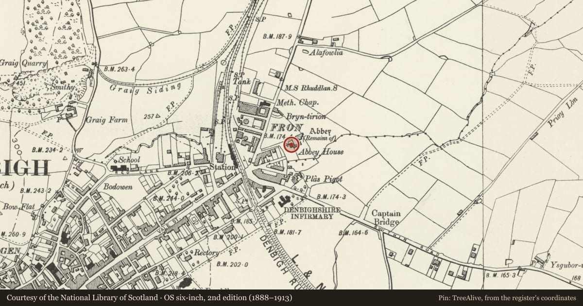 Ordnance Survey six-inch map, 2nd edition (1888–1913) covering the location of Abbey House, Denbigh, Denbighshire, with a pin at the register's coordinates
