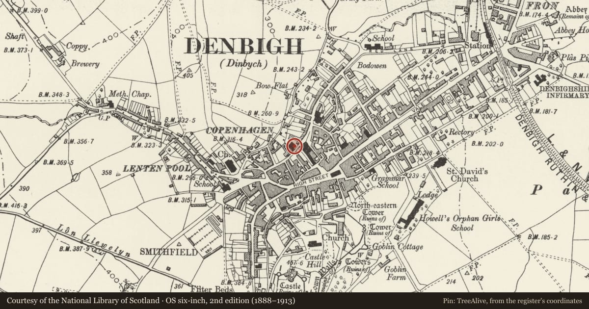 Ordnance Survey six-inch map, 2nd edition (1888–1913) covering the location of Pentref Methodist Chapel and School-room, including adjoining Manse, Denbigh, Denbighshire, with a pin at the register's coordinates